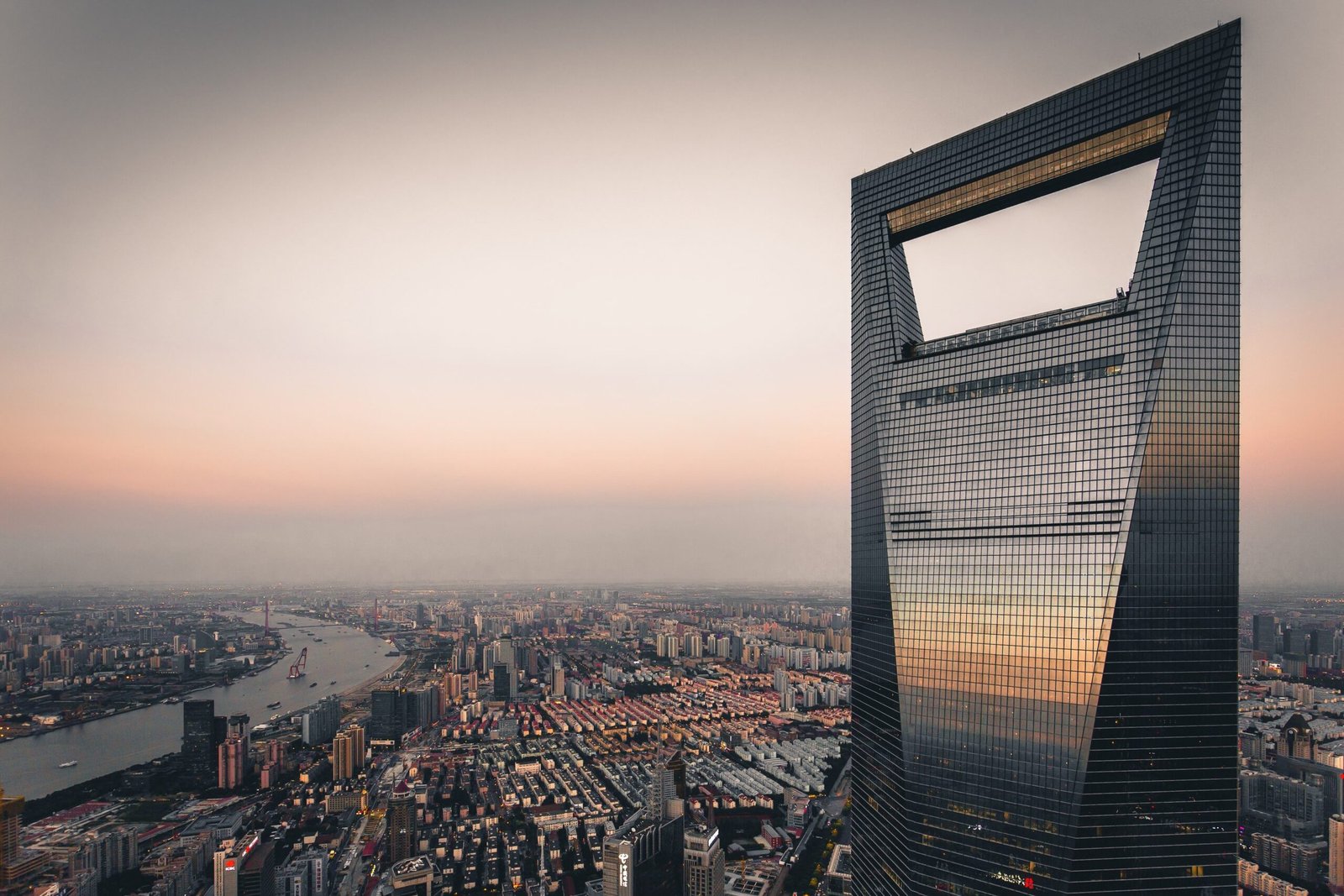 this shot of swfc, the 2nd tallest building in shanghai, was done from the rooftop of jin mao tower