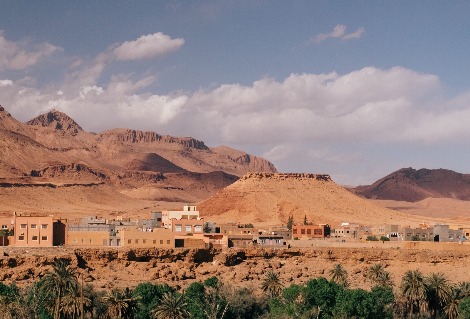 wide angle shot of the buildings of a city behind the mountains